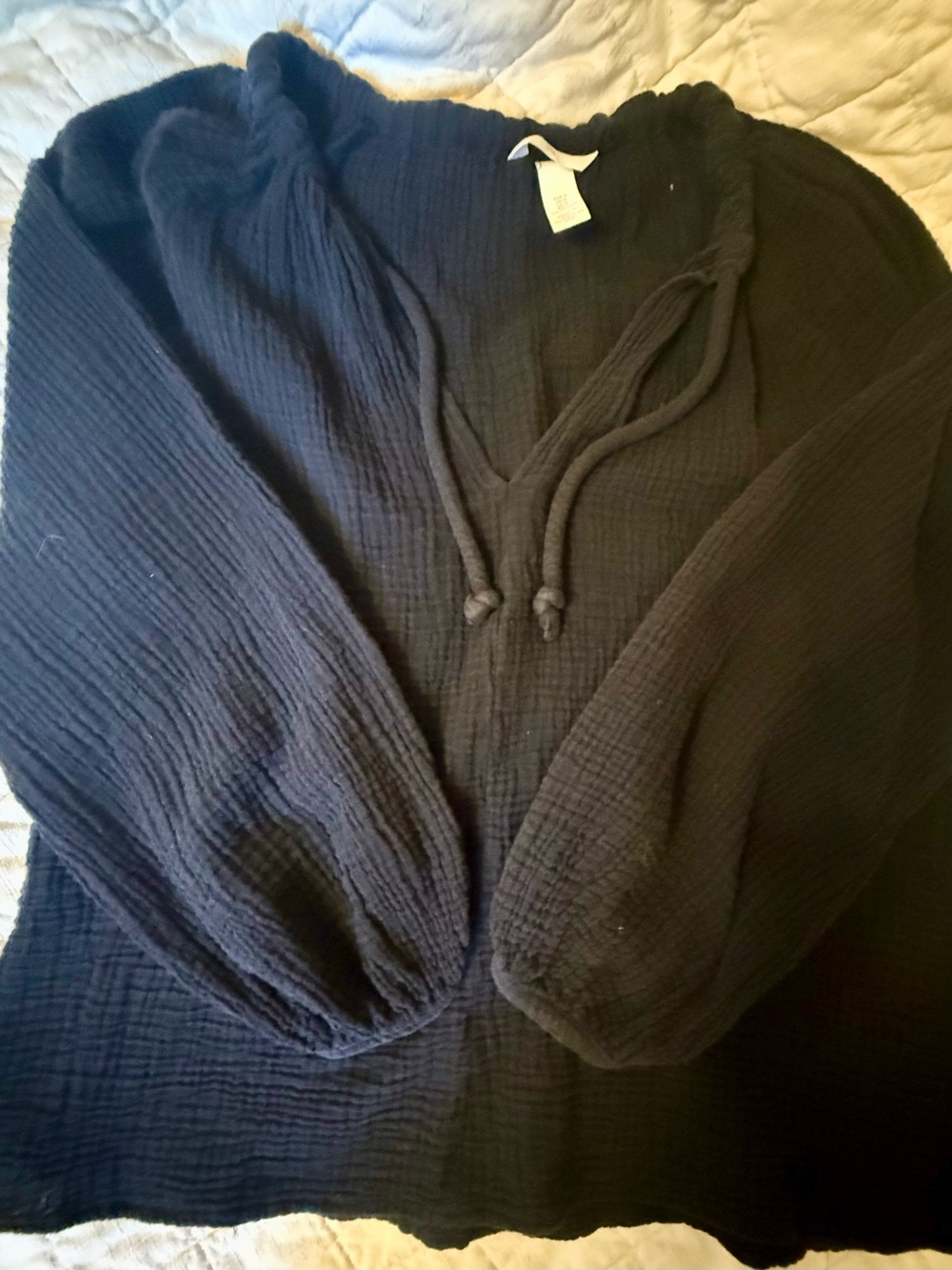 H&M Soft Black Gauze Tie Neck Blouse Balloon Sleeve Top Size M